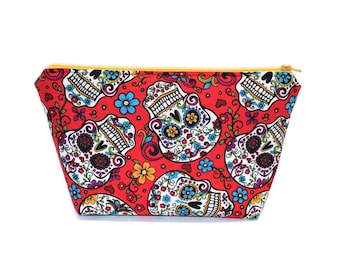 Red Sugar Skull Makeup Bag, Handmade Zipper Pouch, Gift for her, Cosmetic Bag, Self gift