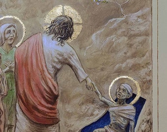May include: A painting depicting a scene from the Bible, showing Jesus reaching out to a woman lying in a tomb. The woman is surrounded by other people, including a group of women kneeling in prayer. The painting is set against a background of a landscape with a village in the distance.