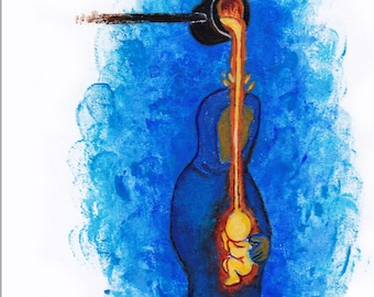 May include: An abstract painting depicts a figure in a blue robe with a glowing yellow fetus inside. A ladle pours a stream of orange liquid into the figure. The background is a textured blue wash.