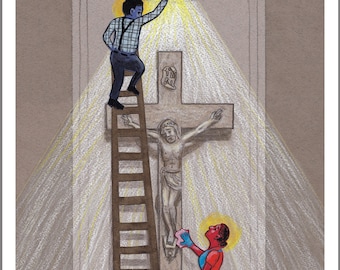 May include: An artistic illustration depicts two figures working on a crucifix. One figure, atop a ladder, adjusts a light fixture. The other, on a step ladder, cleans the cross. The artwork features a muted color palette with yellow highlights.