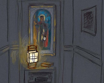 May include: A hallway with a wooden floor, two doorways, and a small table with a lantern on it. The lantern is lit and casts a warm glow on the hallway. There is a framed picture on the wall behind the table. The text "The light of the world" is written at the bottom of the image.