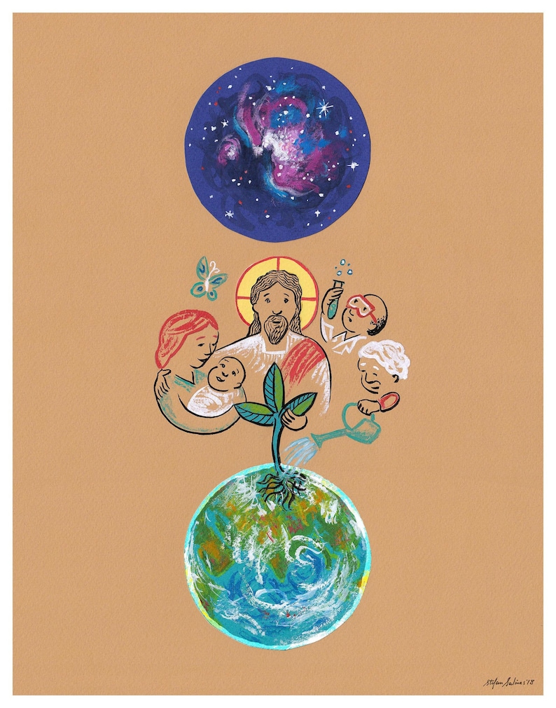 May include: A colorful illustration depicting a family holding a small plant growing from a blue and green Earth. A blue circle with stars and a galaxy above the family represents the universe. The illustration is a representation of the interconnectedness of life and the importance of caring for our planet.