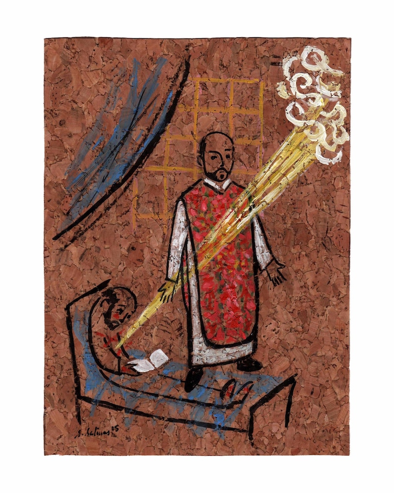 May include: A painting on cork depicting a man in a white robe with a red vestment, holding a book and standing over a person lying in bed. The man is surrounded by a yellow light emanating from a cloud above him. The painting is signed "J. Kalinos 85".