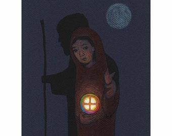 May include: A woman in a red robe walks with a staff in the dark. She holds a glowing orb with a rainbow halo and a cross in the center. The moon is visible in the night sky.