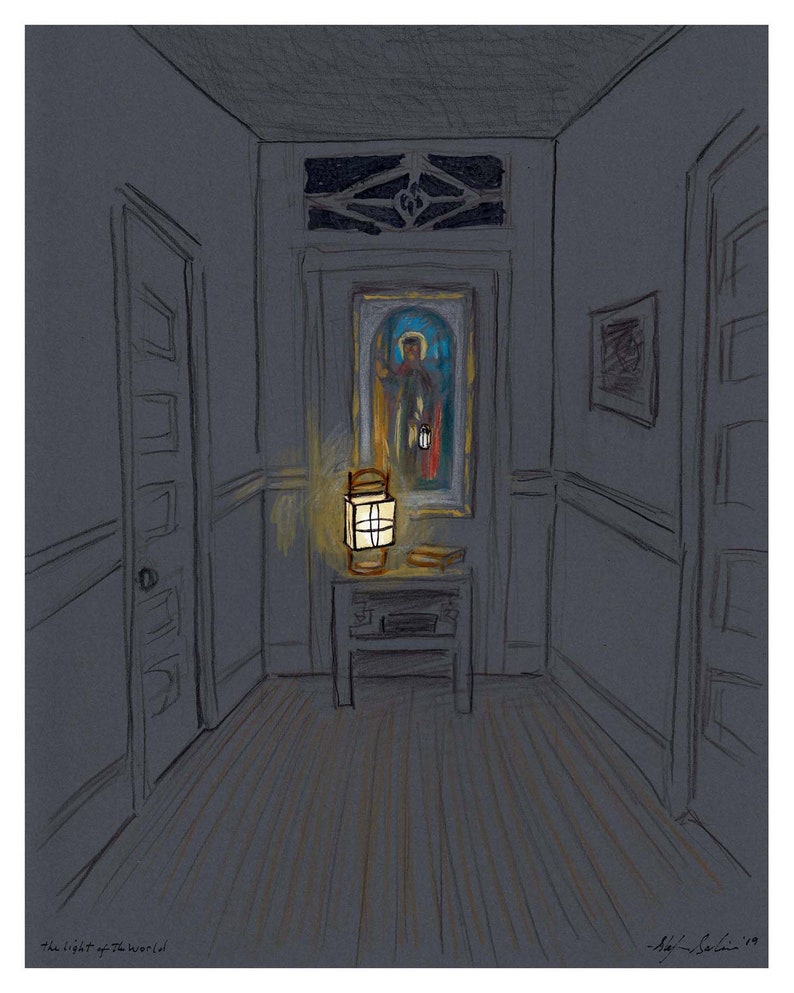 May include: A hallway with a wooden floor, two doorways, and a small table with a lantern on it. The lantern is lit and casts a warm glow on the hallway. There is a framed picture on the wall behind the table. The text "The light of the world" is written at the bottom of the image.