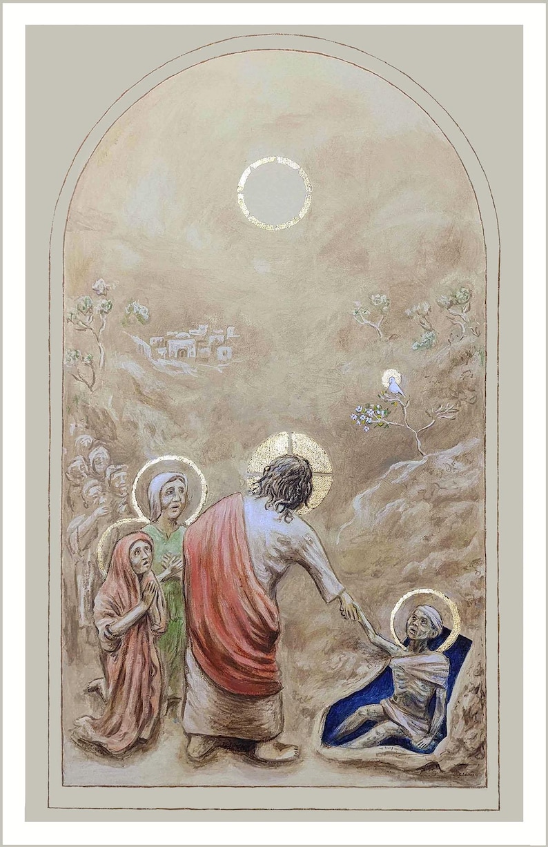 May include: A religious painting in an arched frame depicting a central figure in a red robe reaching out to a person lying in a blue shroud. Two figures in green and pink robes stand nearby. A gold halo surrounds each head, and a small bird sits on a tree.