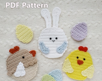 May include: Crochet Easter patterns for a bunny, chick, and hen, with three colorful eggs. The pattern is available as a PDF download.  PDF Pattern.