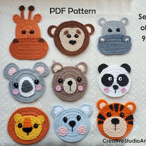 Crochet Pattern/ Crochet applique pattern/ Crochet animals pattern/ Crochet animals applique/ Monkey/ Bear/ Cat/ Hippo/ Giraffe/ Tiger/ Lion