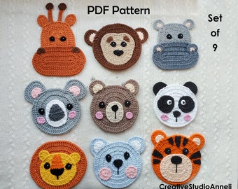 Crochet Pattern/ Crochet applique pattern/ Crochet animals pattern/ Crochet animals applique/ Monkey/ Bear/ Cat/ Hippo/ Giraffe/ Tiger/ Lion