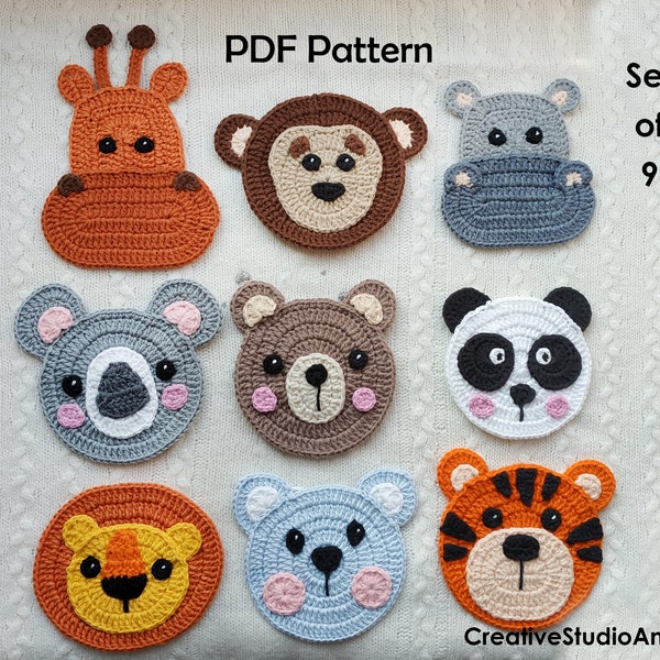 Crochet Pattern/ Crochet applique pattern/ Crochet animals pattern/ Crochet animals applique/ Monkey/ Bear/ Cat/ Hippo/ Giraffe/ Tiger/ Lion