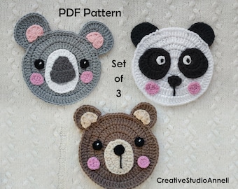 Motif animal appliqué au crochet : koala, panda, ours (téléchargement PDF)