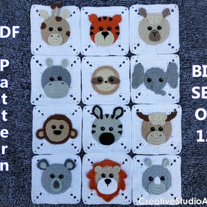 SET OF 12/ Crochet animal granny square pattern/ motif/ Lion/ Zebra/ Sloth/ Hippo/ Tiger/ Lama/ Rhino/ Monkey/ Elephant/ Koala/ Baby Blanket