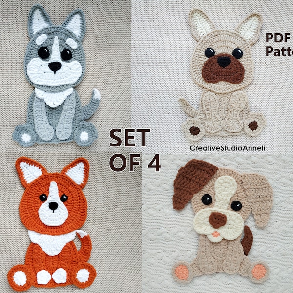 Crochet Pattern/ Crochet applique pattern/ Applique animals pattern/ Dog/ Puppy/ Set/ Crochet dog pattern/ Baby blanket decor/Wolf/ Husky