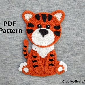 Crochet Pattern / PDF/ Crochet animal applique pattern/ Tiger Pattern/ Crochet Tiger/ Tiger Applique/ Blanket decor/Motif/ Cat/Clothes decor