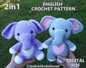2in1/ Crochet Elephant PATTERN/ Amigurumi Elephant pattern/ pdf tutorial/ Animal Plushie pattern/ Zoo animals/ Crochet plushies pattern