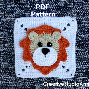 Crochet lion square pattern/ Animal granny square motif/ Crochet lion applique / Africa blanket /Crochet animal pattern/Baby Blanket