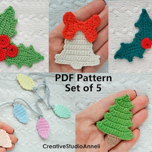 Crochet Pattern/PDF/ Christmas crochet/ Christmas appliques pattern/ Holiday Crochet /Christmas/Christmas ornament/ Bell/ Tree/ Lights/Holly