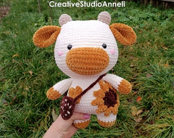 Jumbo Crochet Cow Plushie: Handmade Sunflower Amigurumi