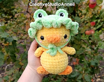 Crochet Duck Plushie with Frog Hat: Handmade Amigurumi Toy