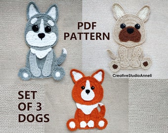 Crochet Dog Applique Pattern: Husky, Corgi, Bulldog (PDF Pattern)