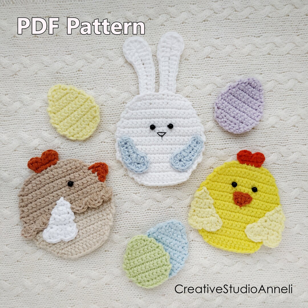 Easter Crochet Applique Pattern: Chicken, Hen, Bunny, Egg (PDF Pattern ...