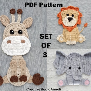 Crochet Pattern/ PDF/ Crochet applique pattern/ Applique animals pattern/ Giraffe/ Lion/ Elephant/ African animals/ Baby blanket decor/Motif
