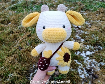 Jumbo Crochet Cow Plushie: Sunflower Amigurumi, Nursery Decor