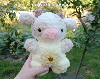 Crochet Fluffy Sunflower Cow Plushie: Handmade Amigurumi