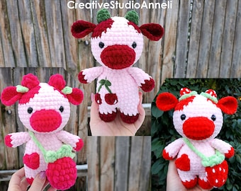 Crochet Berry Cow Plushie: Handmade Strawberry Cherry Raspberry Farm Animal Amigurumi stuffed toy