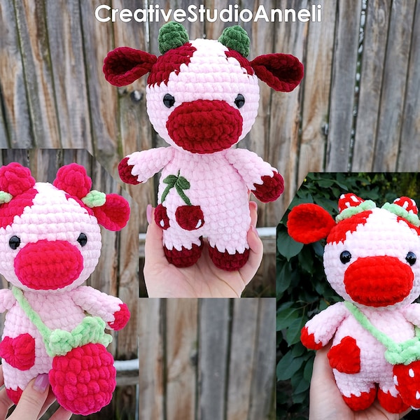 Crochet Berry Cow Plushie/ Strawberry cow plush/ Raspberry/ Cherry/ Crochet cow plush/ Chubby Cow/ Farm animal/ amigurumi/ Christmas gift
