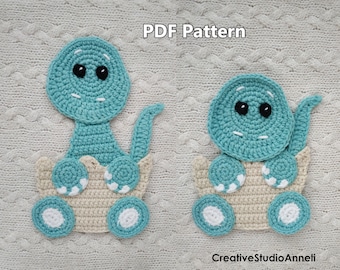 May include: PDF pattern for crocheting a turquoise dinosaur toy with white accents. The dinosaur is sitting in a beige crocheted wagon with white wheels.