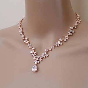 Wedding Necklace Set Rose Gold Bridal Jewelry Set CZ Crystal Water Drop ...