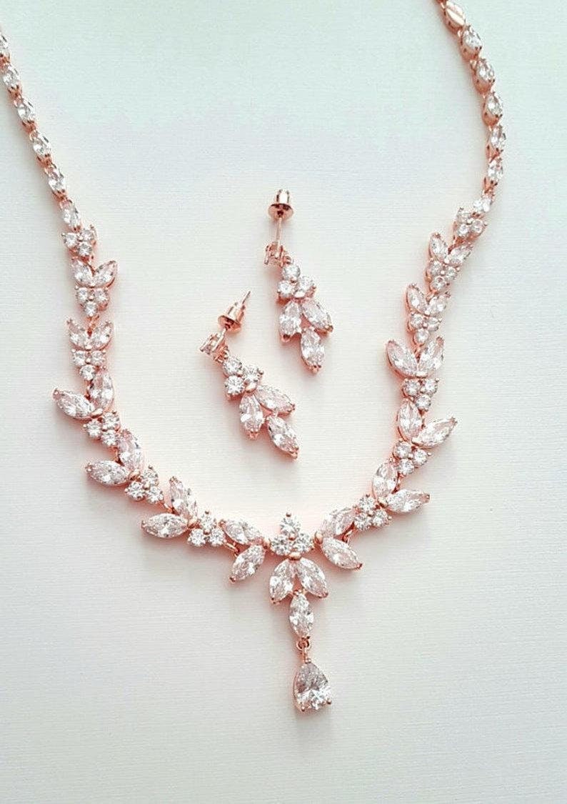 Rose Gold Bridal Necklace Set Flower Wedding Jewelry Set for | Etsy