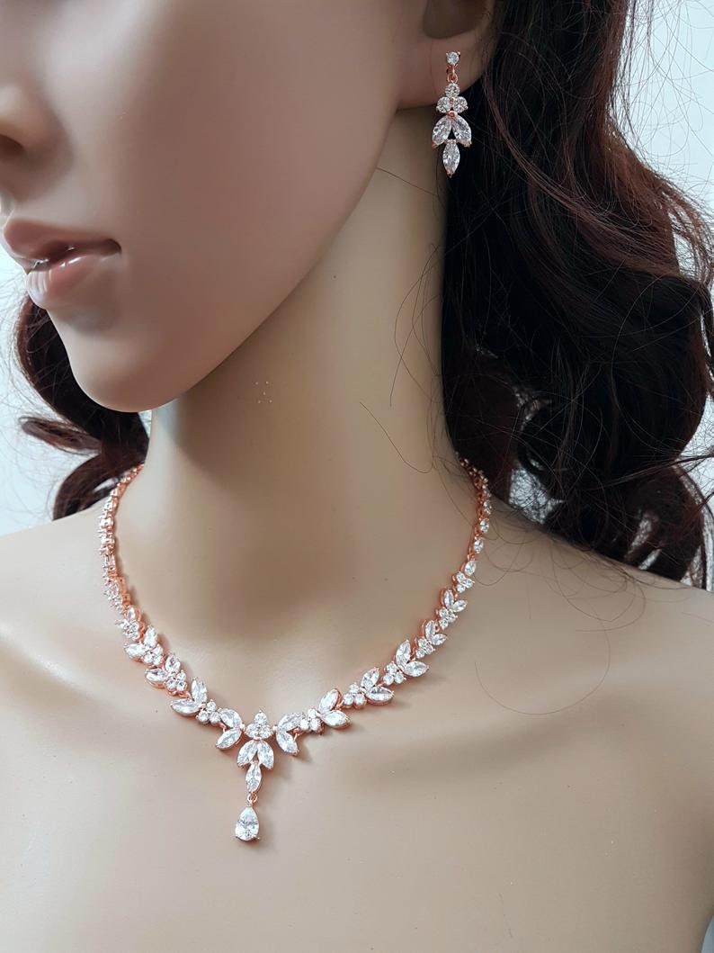Rose Gold Bridal Necklace Set Flower Wedding Jewelry Set for | Etsy