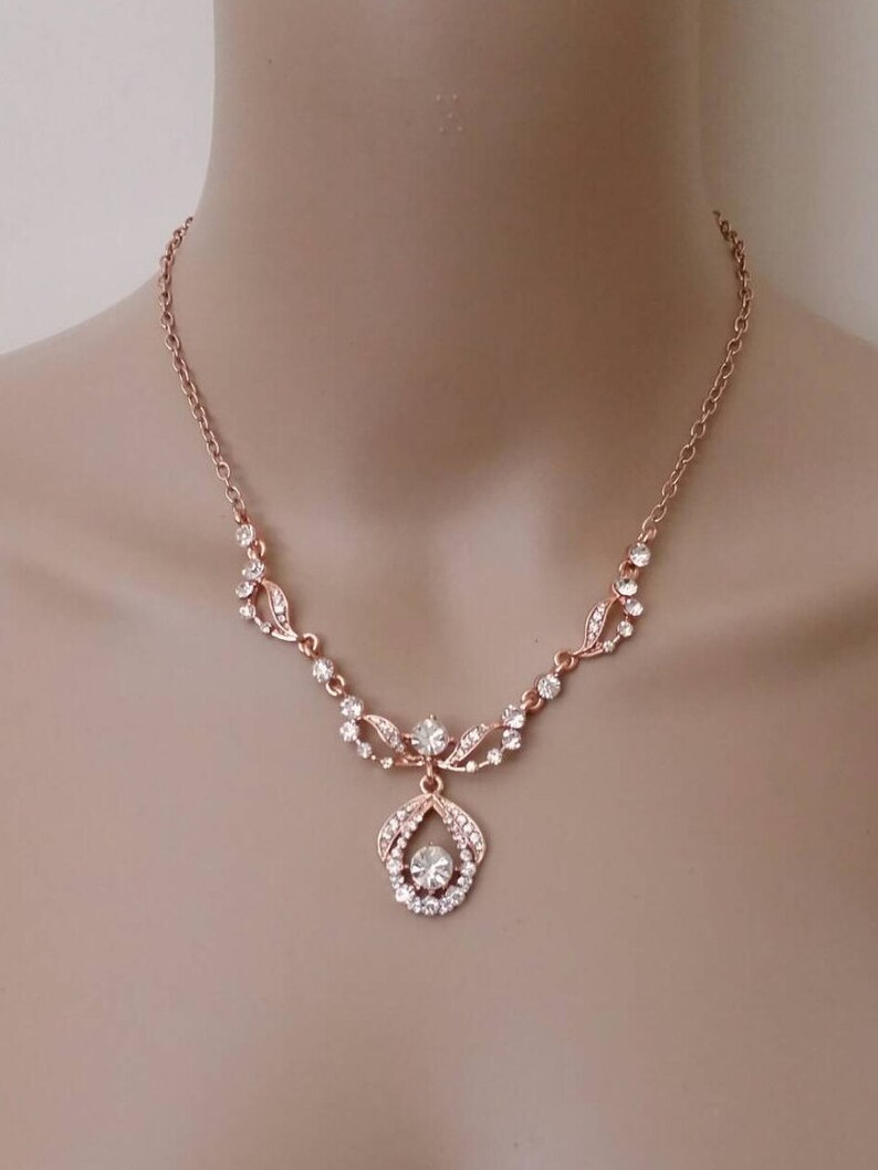 Rose Gold Necklace Set Rose Gold Bridal Necklace Vintage Style Earrings Necklace Bridal Jewelry Rhinestone Crystal Wedding Party Accessories