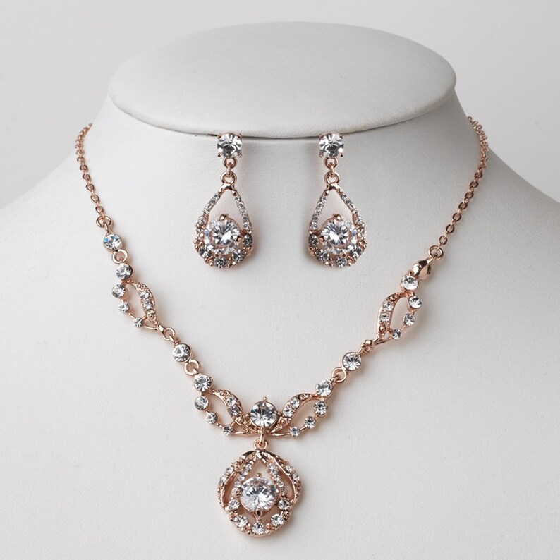 Rose Gold Necklace Set Rose Gold Bridal Necklace Vintage Style Earrings Necklace Bridal Jewelry Rhinestone Crystal Wedding Party Accessories