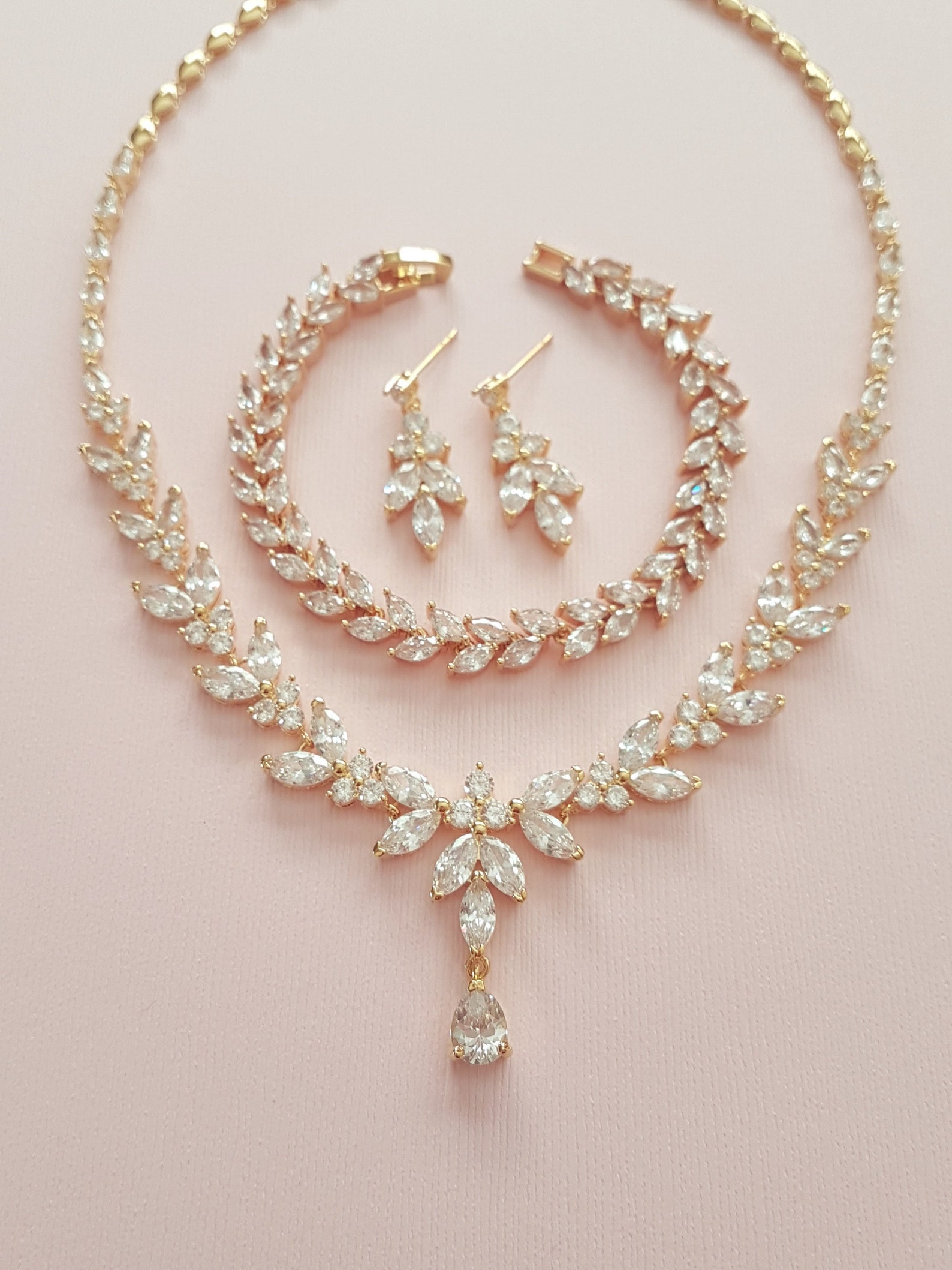 Bridal Necklace Set Gold Teardrop Wedding Earrings Bracelet - Etsy