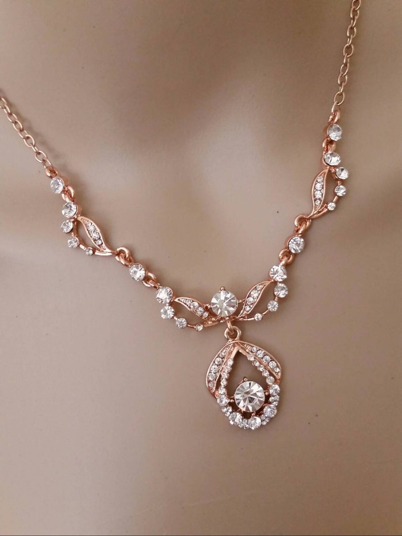 Rose Gold Necklace Set Rose Gold Bridal Necklace Vintage Style Earrings Necklace Bridal Jewelry Rhinestone Crystal Wedding Party Accessories