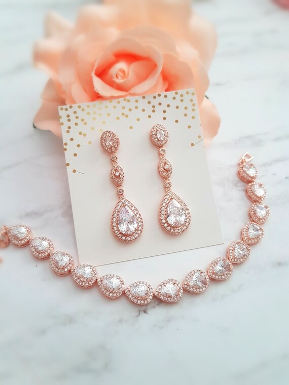 Rose Gold Necklace and Earring Set Bridal Jewelry Set CZ Backdrop Necklace  Bridal Drop Earrings Wedding Jewelry Accessories Dangle Earrings 