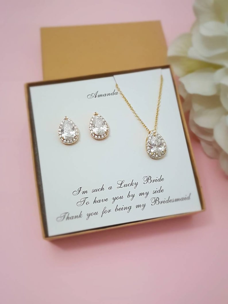 Bridesmaid Gift Rose Gold Bridesmaid Jewelry Set Pear Earrings Round Necklace Bridesmaid Proposal Box Set Personalized Wedding Party Gifts