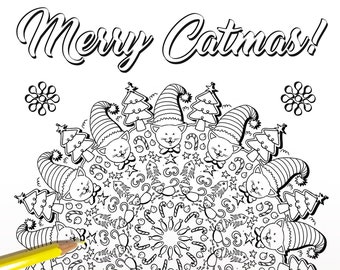 Merry CatMas! (Art therapy, Adult coloring, Christmas, Festive season, holiday, relaxation, coloring pages)