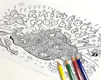 Rainbow Noodles Coloring Page ( Adult coloring page Art Therapy Adult Colouring Adult coloring book Printable download Fun Cute Kawaii )