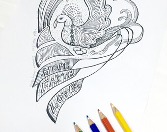 Peacock Zendoodle Coloring Page: Faith, Hope, Love (PDF/JPEG)