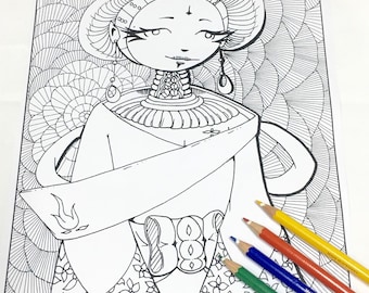 Geisha Woman Coloring Page ( Adult coloring page Adult coloring book Printable coloring page Instant download art therapy Zendoodle )