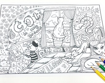 Cats in My Dreams Coloring Page, Cat Lover Gift (PDF/JPEG)