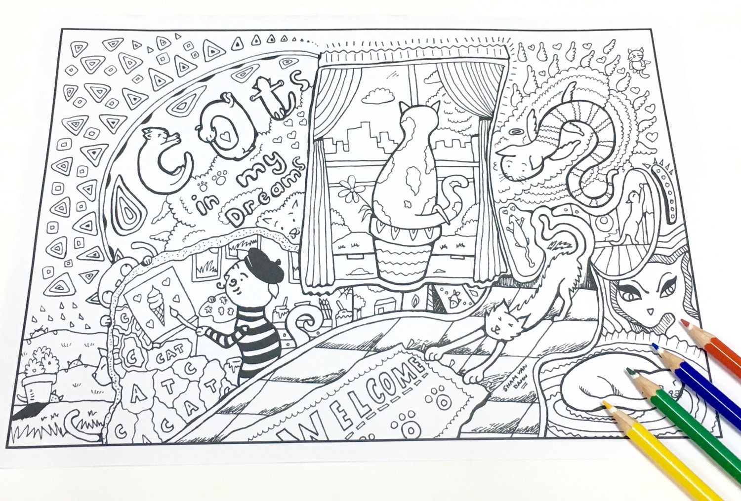 Download Cats In My Dreams Adult Coloring Page Adult Coloring Book Art Etsy