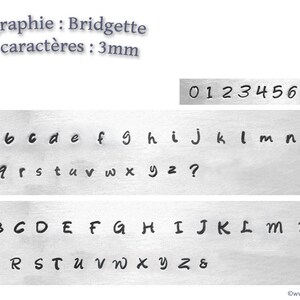 May include: A sample of different font styles for 3mm characters, including uppercase and lowercase letters, numbers, and punctuation marks. The font styles are called Bridgette.