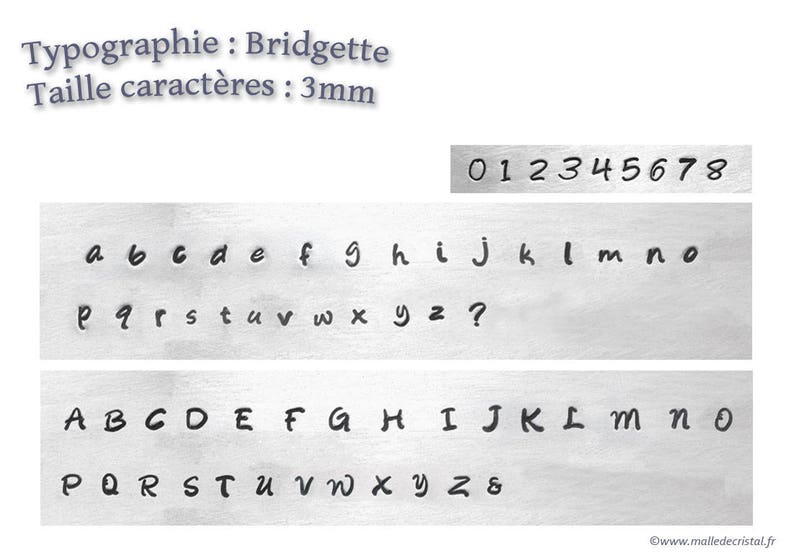 May include: A sample of different font styles for 3mm characters, including uppercase and lowercase letters, numbers, and punctuation marks. The font styles are called Bridgette.