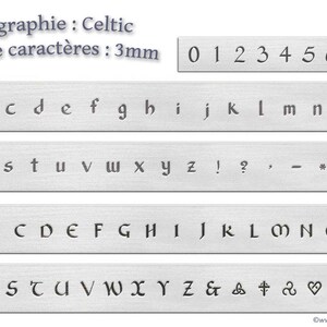 May include: A set of metal stamps featuring Celtic-style letters, numbers, and symbols. The stamps are 3mm in size and are arranged in rows on a white background.