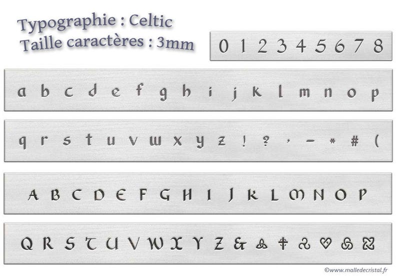 May include: A set of metal stamps featuring Celtic-style letters, numbers, and symbols. The stamps are 3mm in size and are arranged in rows on a white background.